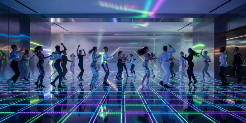 Futuristic dance lounge with neon floor reflections