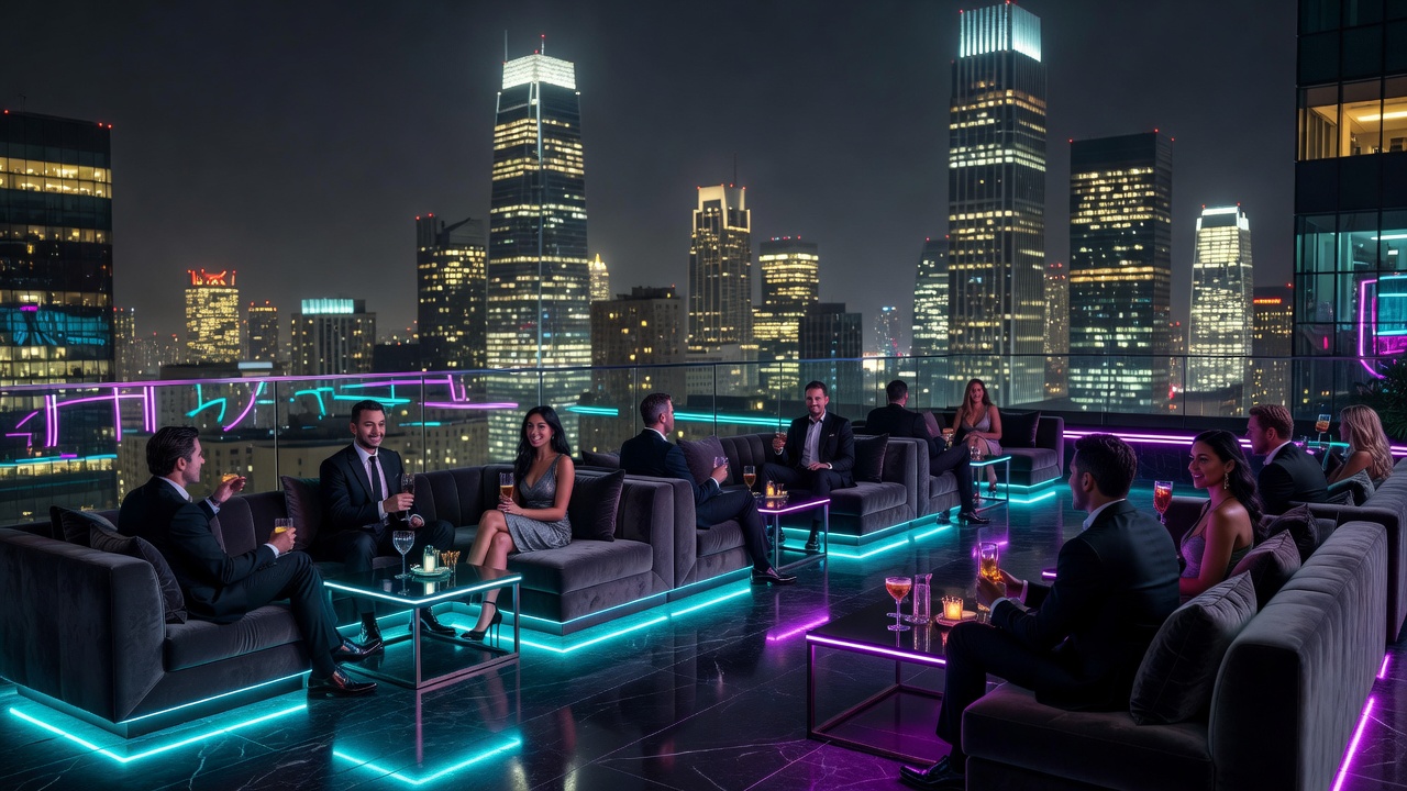 Luxury rooftop party lounge at night with city skyline views and neon accents