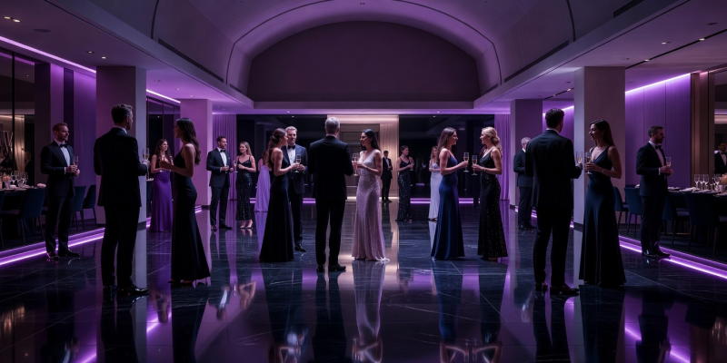 Stylish VIP event hall with glossy floors and purple lighting